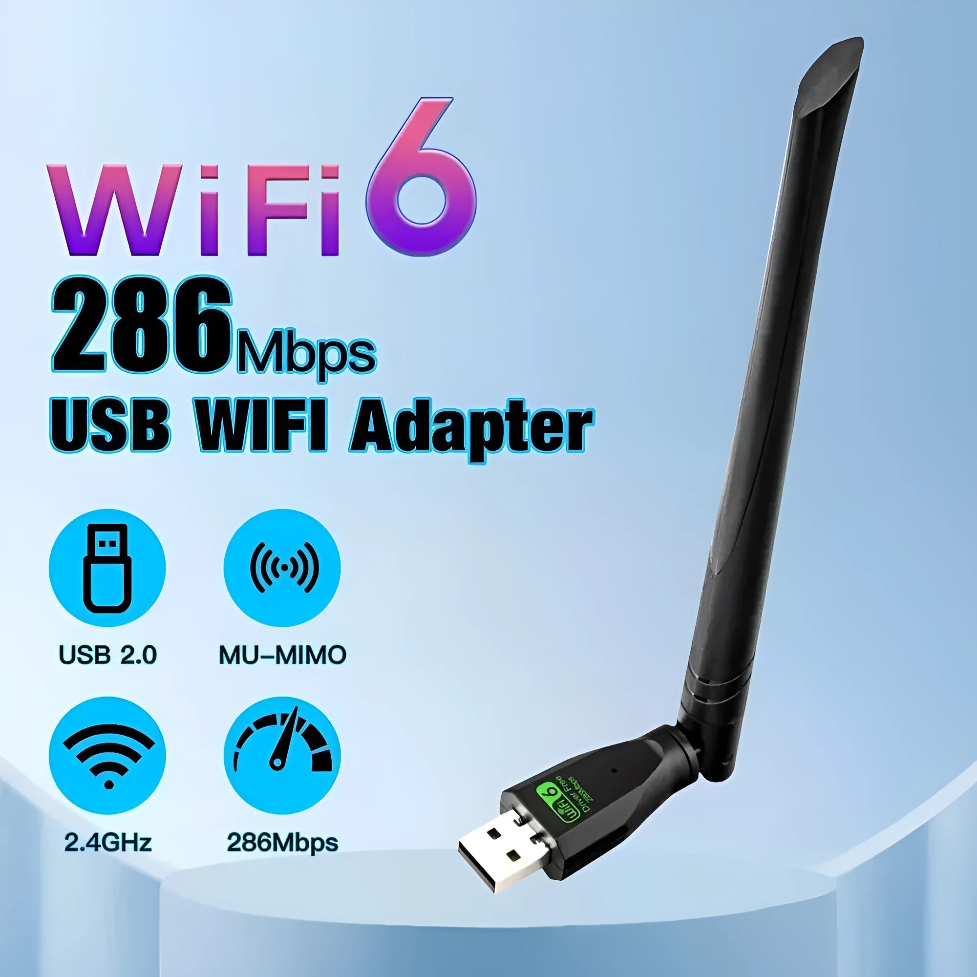 Black USB WiFi 6 wireless network card for desktop and laptop computers.