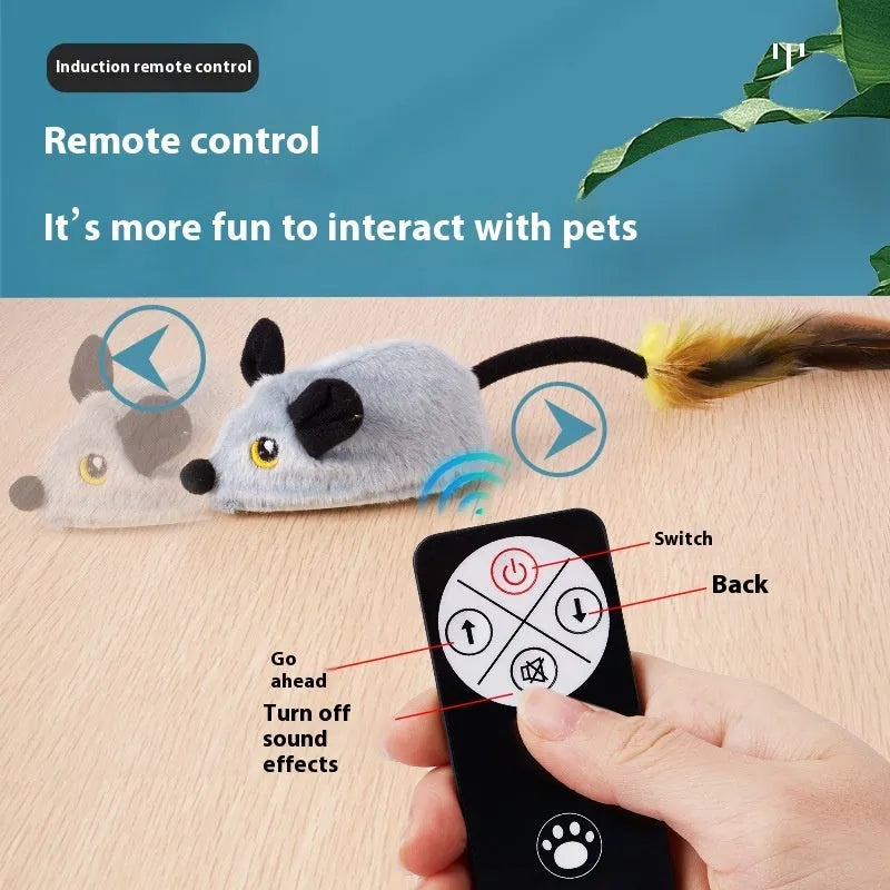 Electric moving plush mouse cat toy in rhubarb or grey colours with remote control