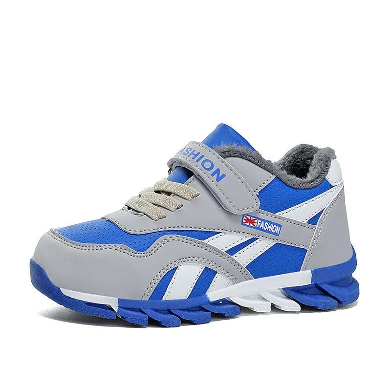 Children's cotton magic sports running shoes with Velcro fastening in grey leather surface