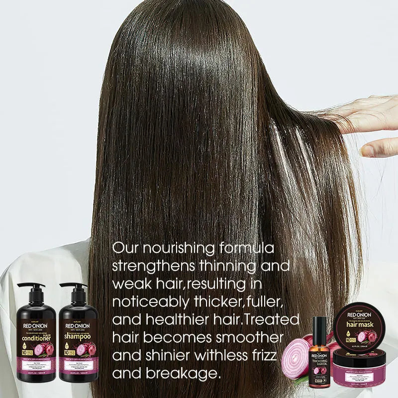 Red onion shampoo conditioner four-piece set showing shampoo, conditioner, hair mask and essential oil bottles