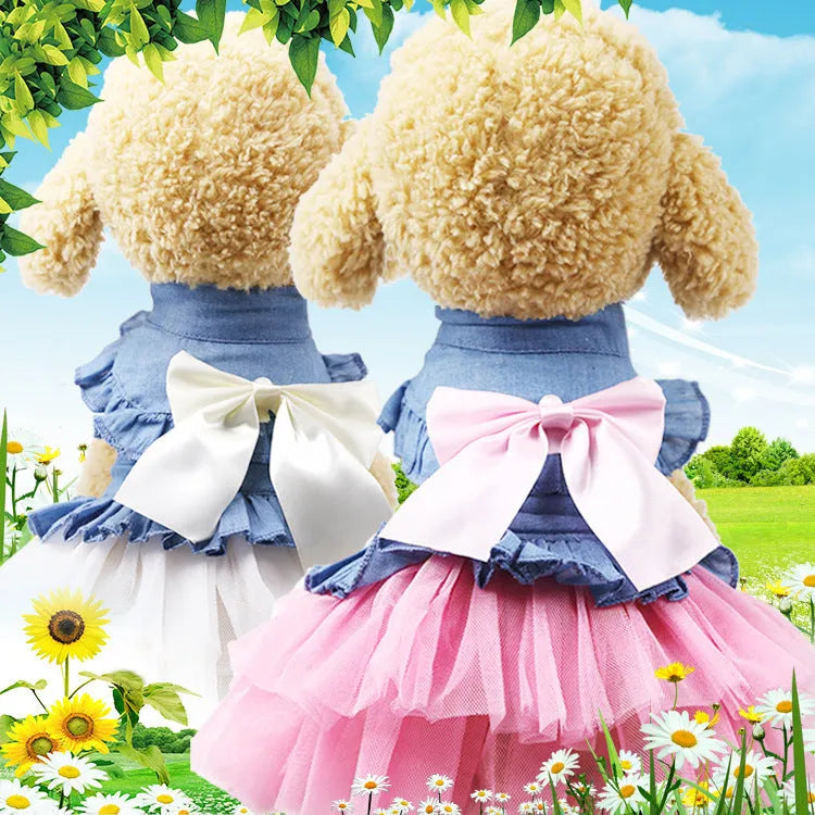 Korean version creative bow pet denim skirt in princess style for dogs, available in white or pink yarn