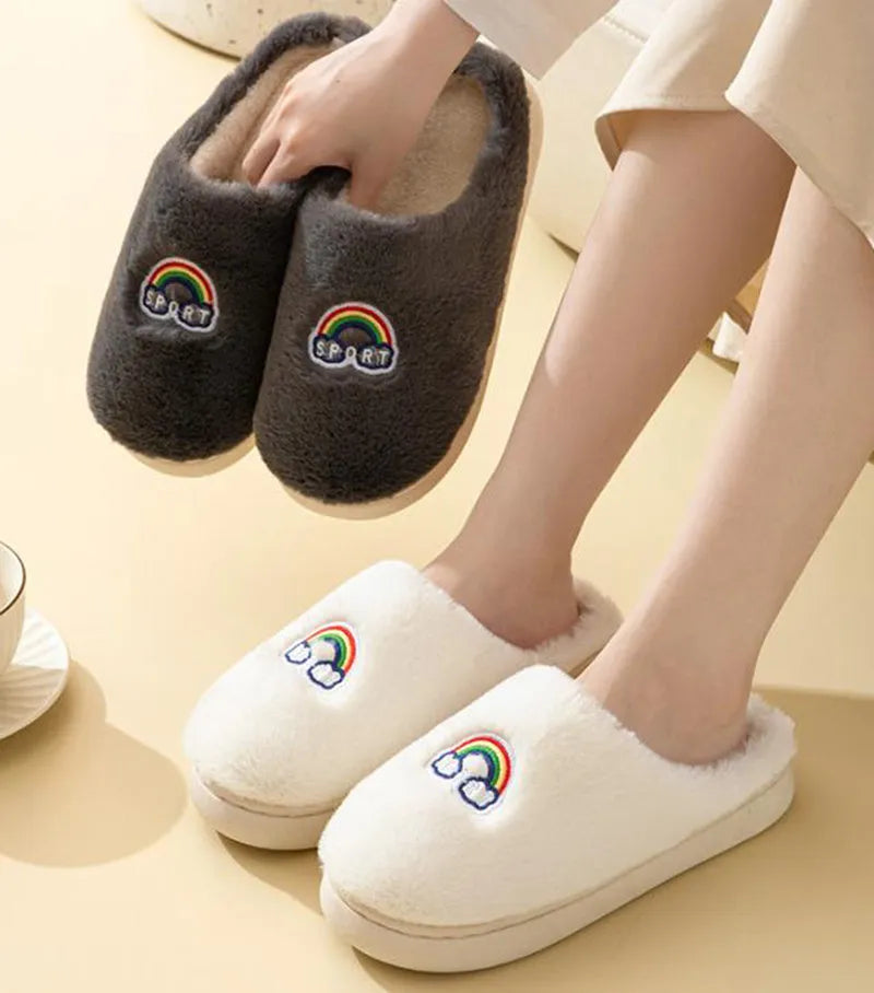 Kawaii rainbow embroidered plush slippers in white, rubber sole, wrapped toe, indoor winter wear