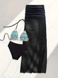 Women's three-piece bikini set with a fishnet long skirt in a gradient pattern.