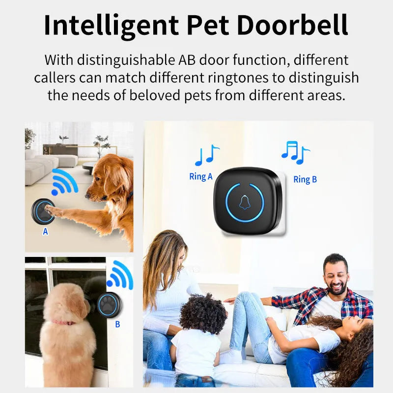 Wireless waterproof pet training doorbell in black or white with multiple plug options