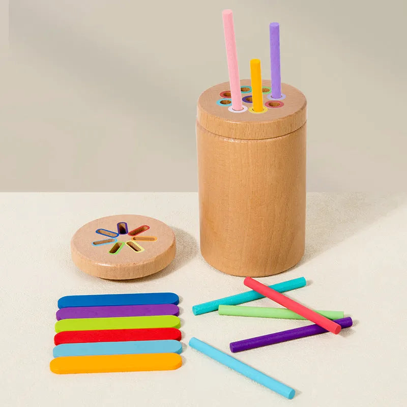 Children's educational wooden toy set with transparent double lid cup, 18 round sticks, and 14 ice cream sticks