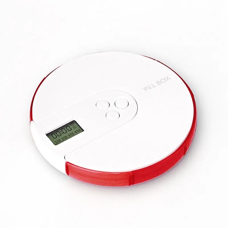 Blue seven-day electronic pill organiser with digital clock display and separate daily compartments.