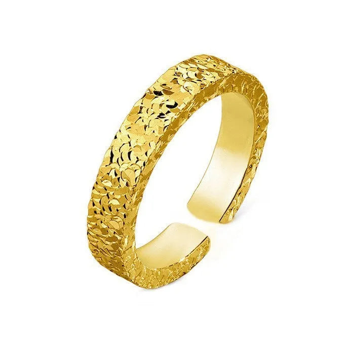 Vietnam placer gold open ring for women, adjustable, yellow gold finish, geometric starry sky pattern, on forefinger