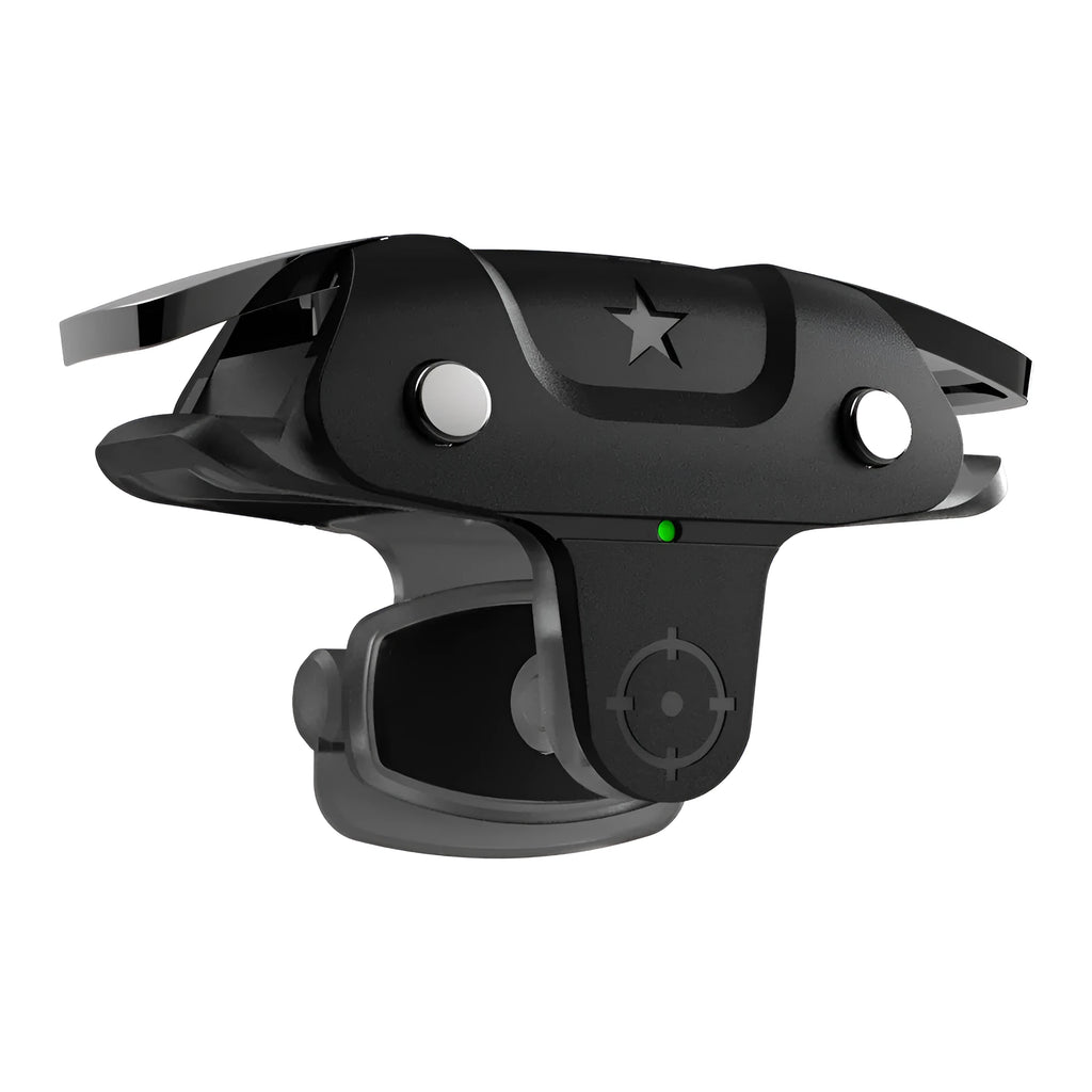 Compact black F5 Bluetooth game controller for mobile phones next to a smartphone.
