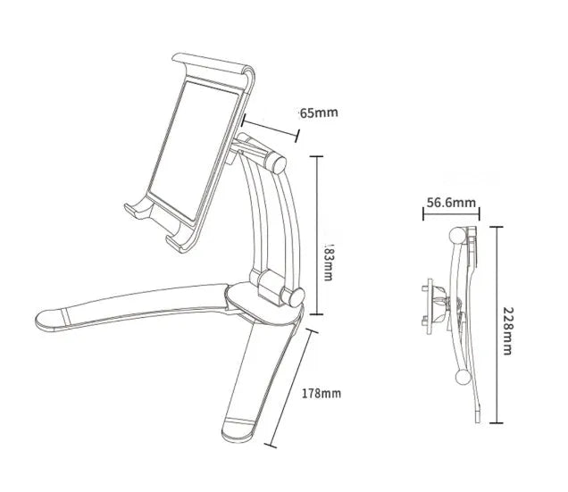 Silver aluminum desktop tablet stand holding a tablet, showing its adjustable clips and 360-degree rotation.