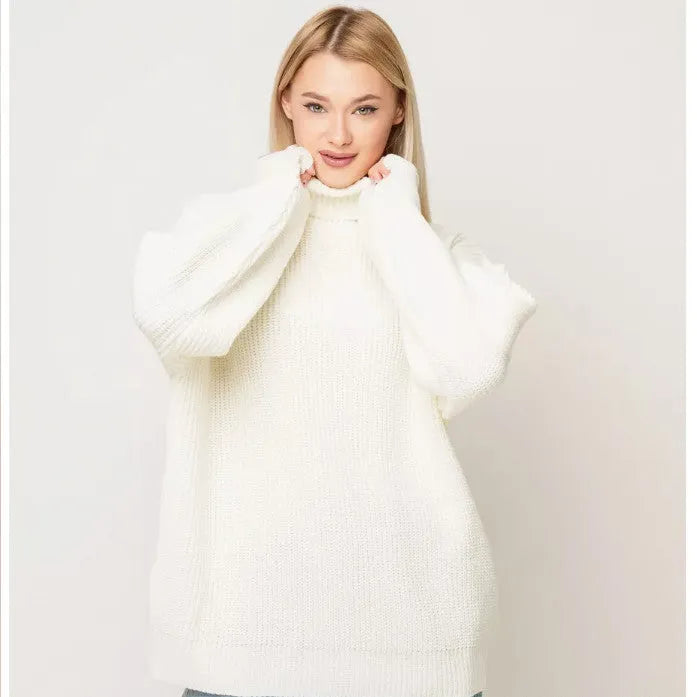 Women's high neck pullover sweater in thick imitation cashmere fabric with a 3D pattern, shown in sky blue.