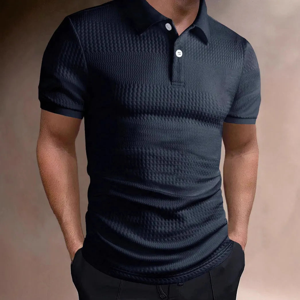 Men's loose-fit striped polo shirt in light blue with an asymmetric hem and short sleeves.