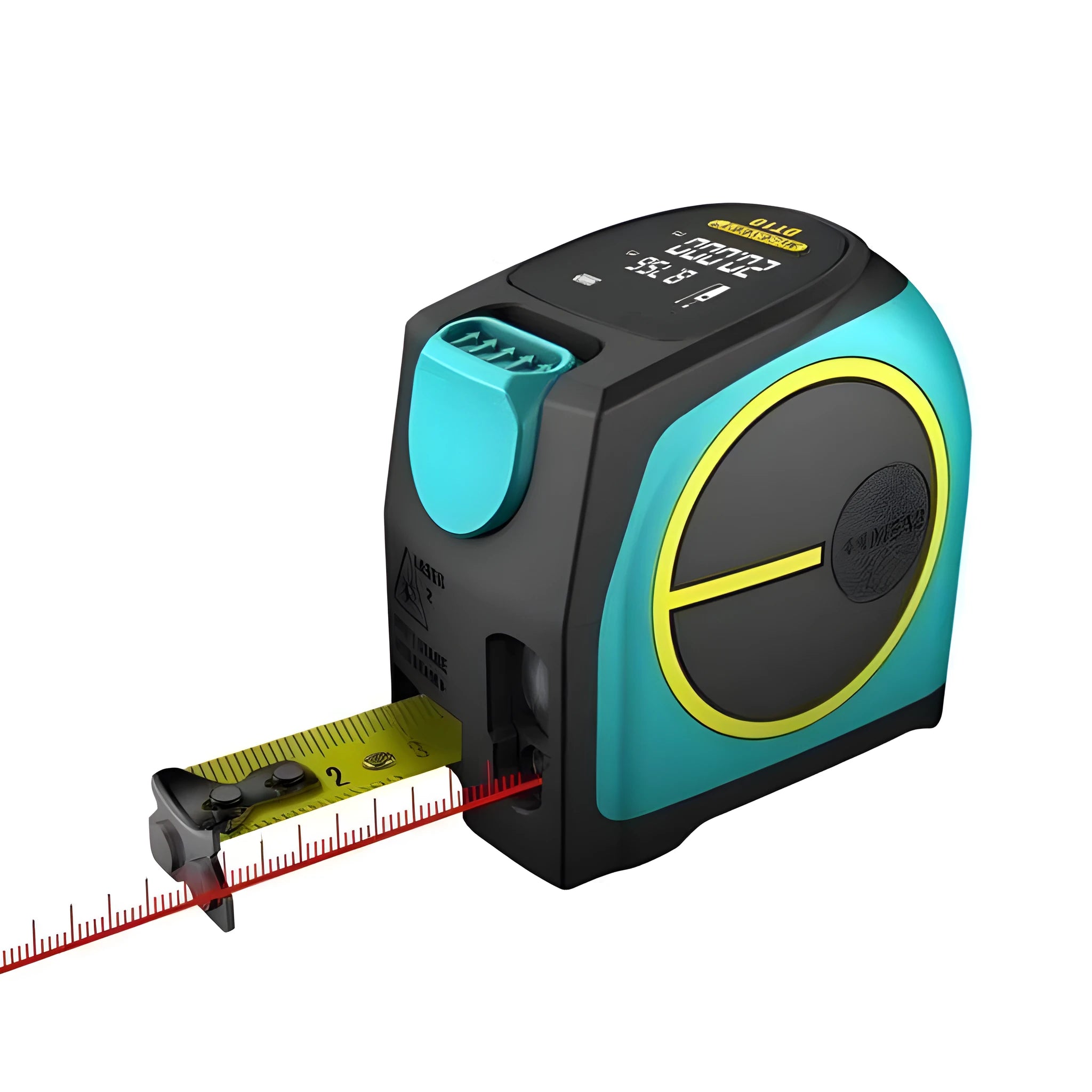2-in-1 laser tape measure tool with 5m nylon coated blade and magnetic hook on a metal surface