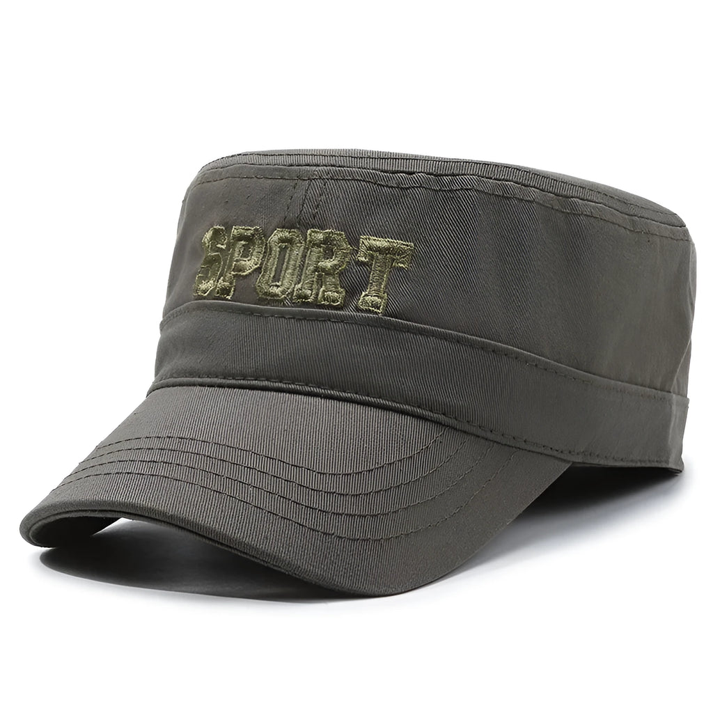 Men's flat-top peaked cotton cap in army green with an extended peak and adjustable back strap.