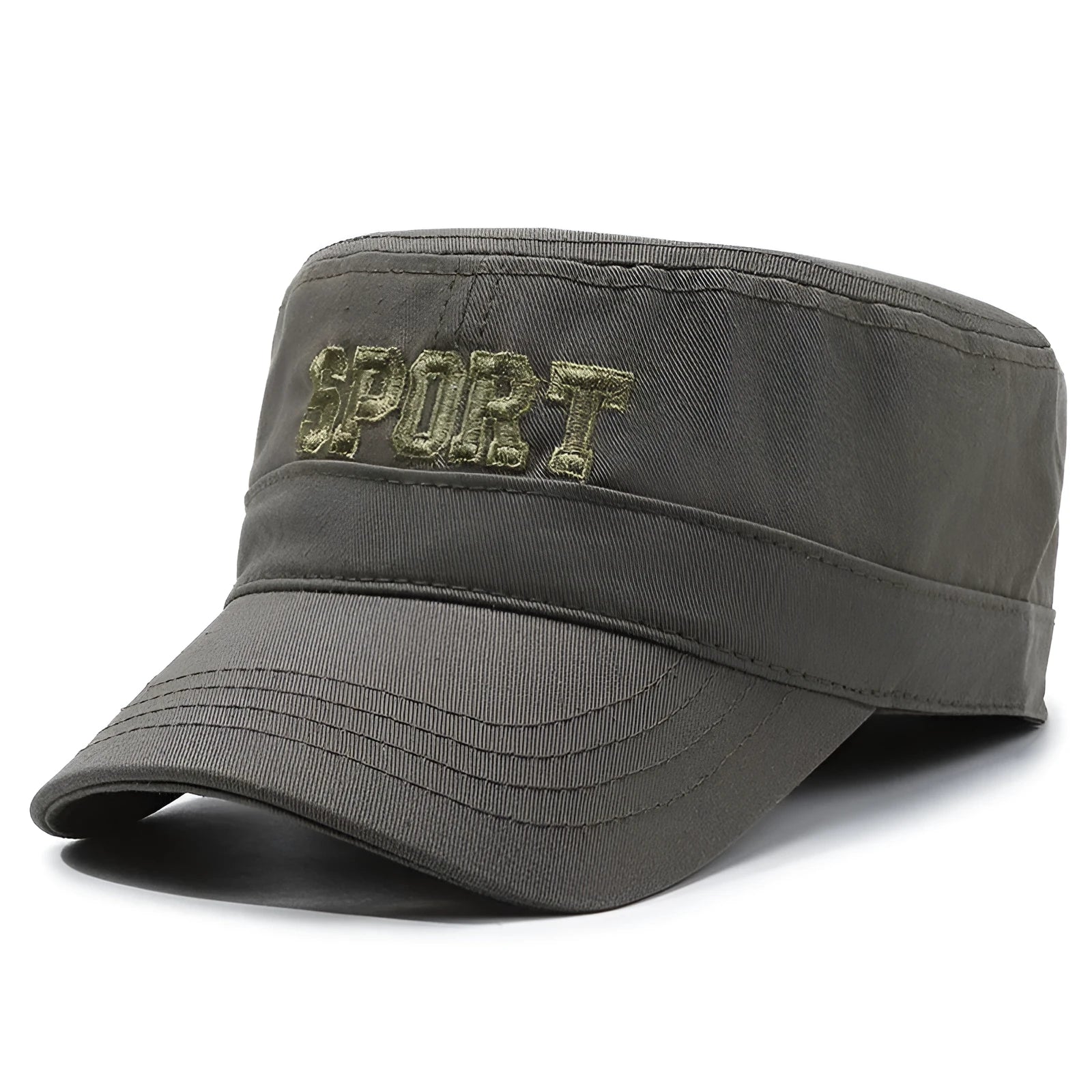 Men's flat-top peaked cotton cap in army green with an extended peak and adjustable back strap.