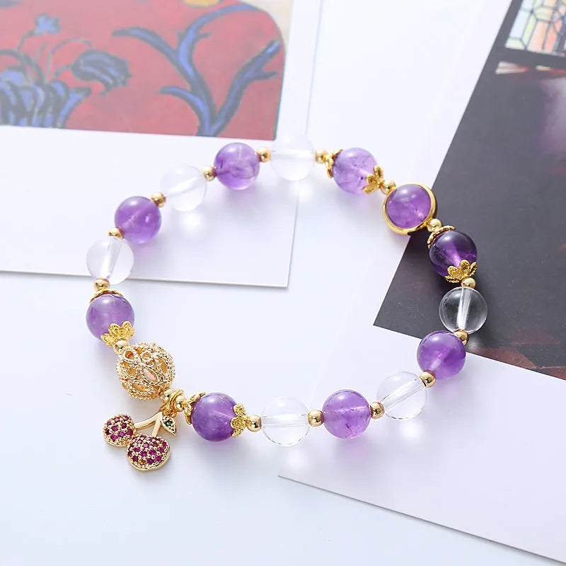 Purple amethyst crystal bracelet with micro-inlaid cherry flower design for women