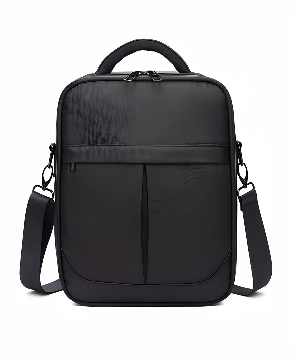 Black Oxford fabric men's messenger bag showing front and side profile