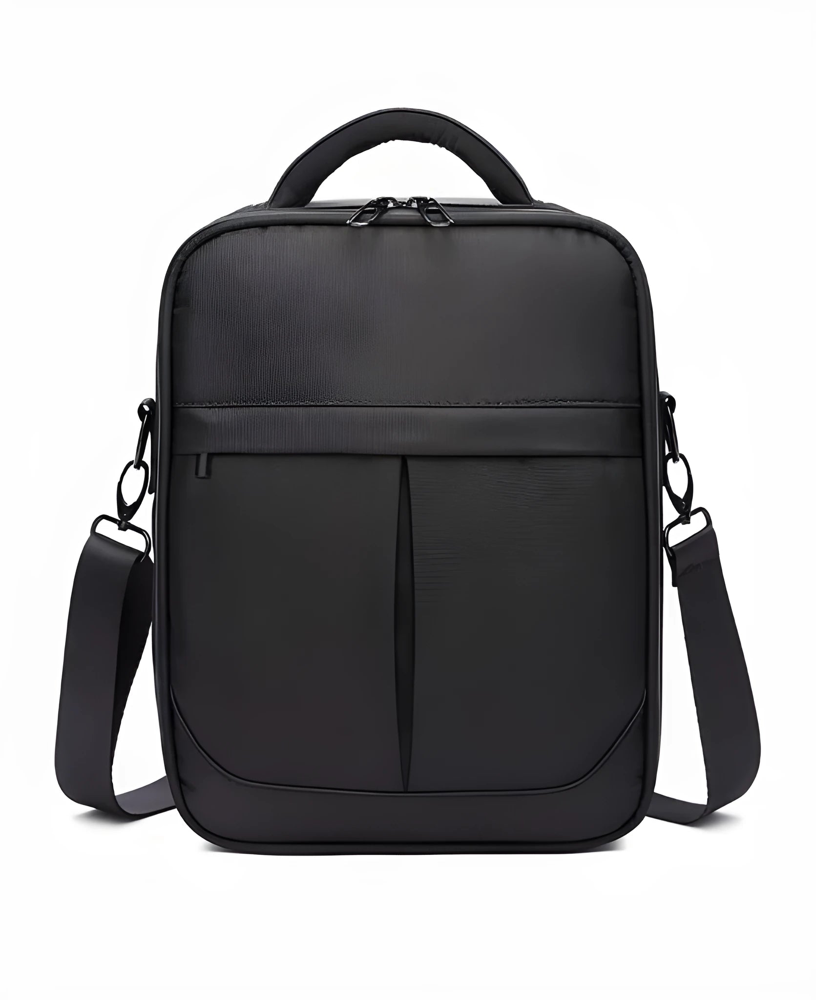 Black Oxford fabric men's messenger bag showing front and side profile