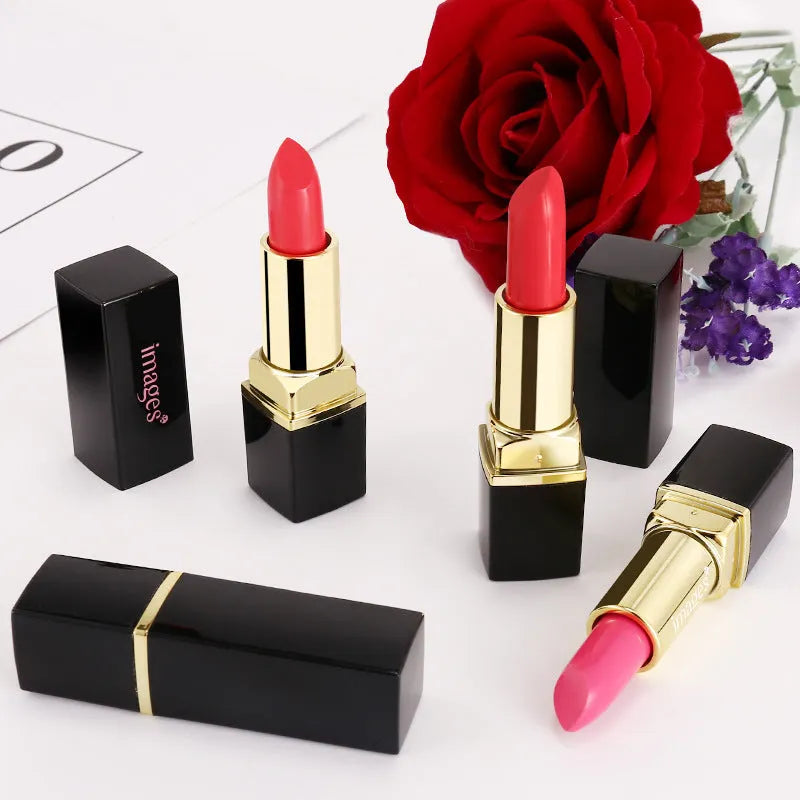 Moisturising lipstick in a compact case showing one of ten colour shades like coral red or babie pink.