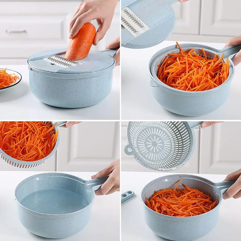 8-in-1 mandoline slicer with stainless steel blades, container, drain basket, and hand protector in blue