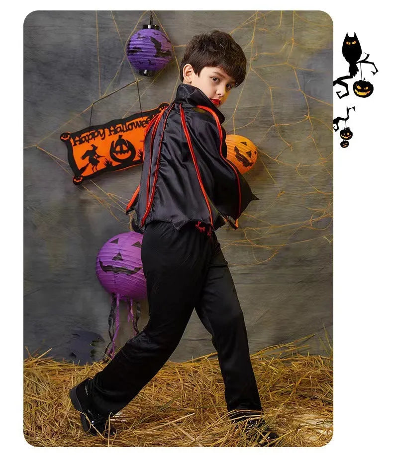 Children's Halloween witch costume suit in polyester fibre with cape and dress options, multiple sizes from 90cm to 170cm