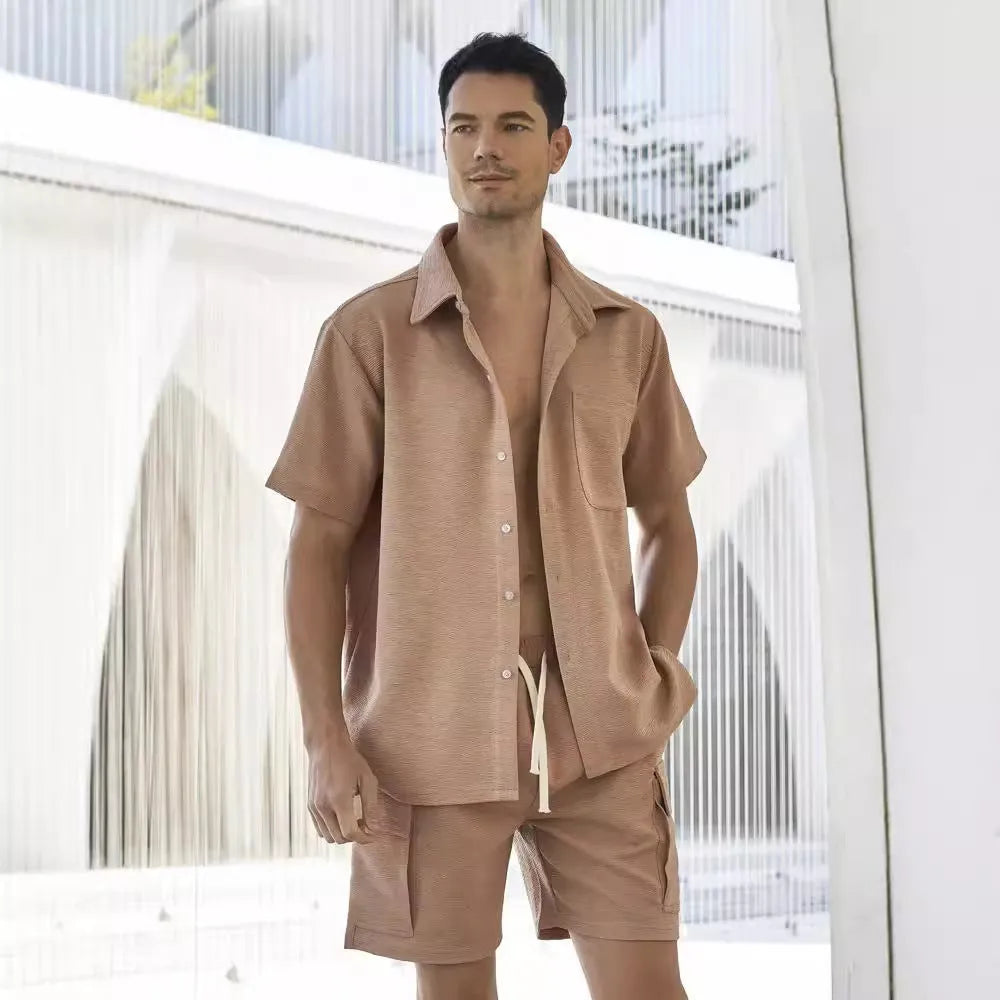 Women's casual two-piece lounge set with a plain top and elastic waist shorts in beige.