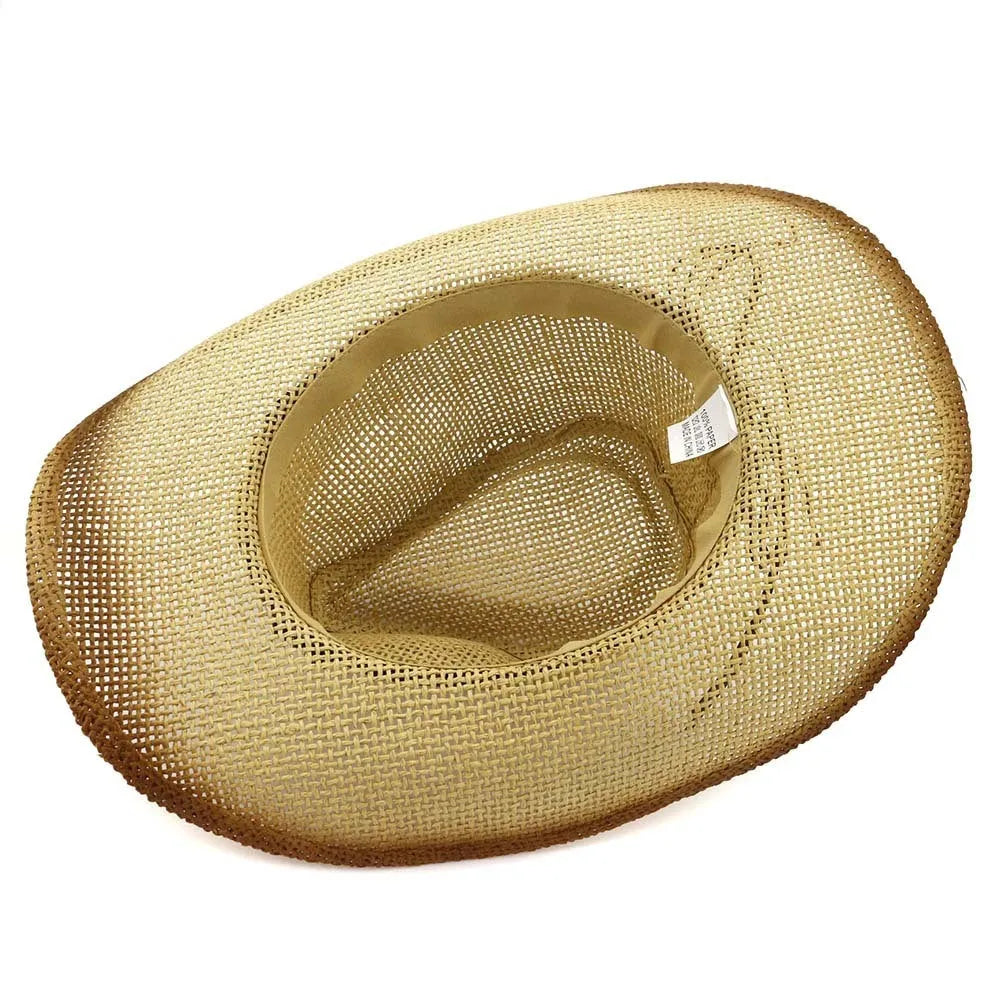 Western cowboy hat with spray paint pattern on straw material, bell crown shape, shown in neutral colour options