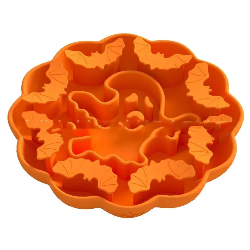Edible silicone slow feeding dog bowl in Halloween colours with anti-tumble design