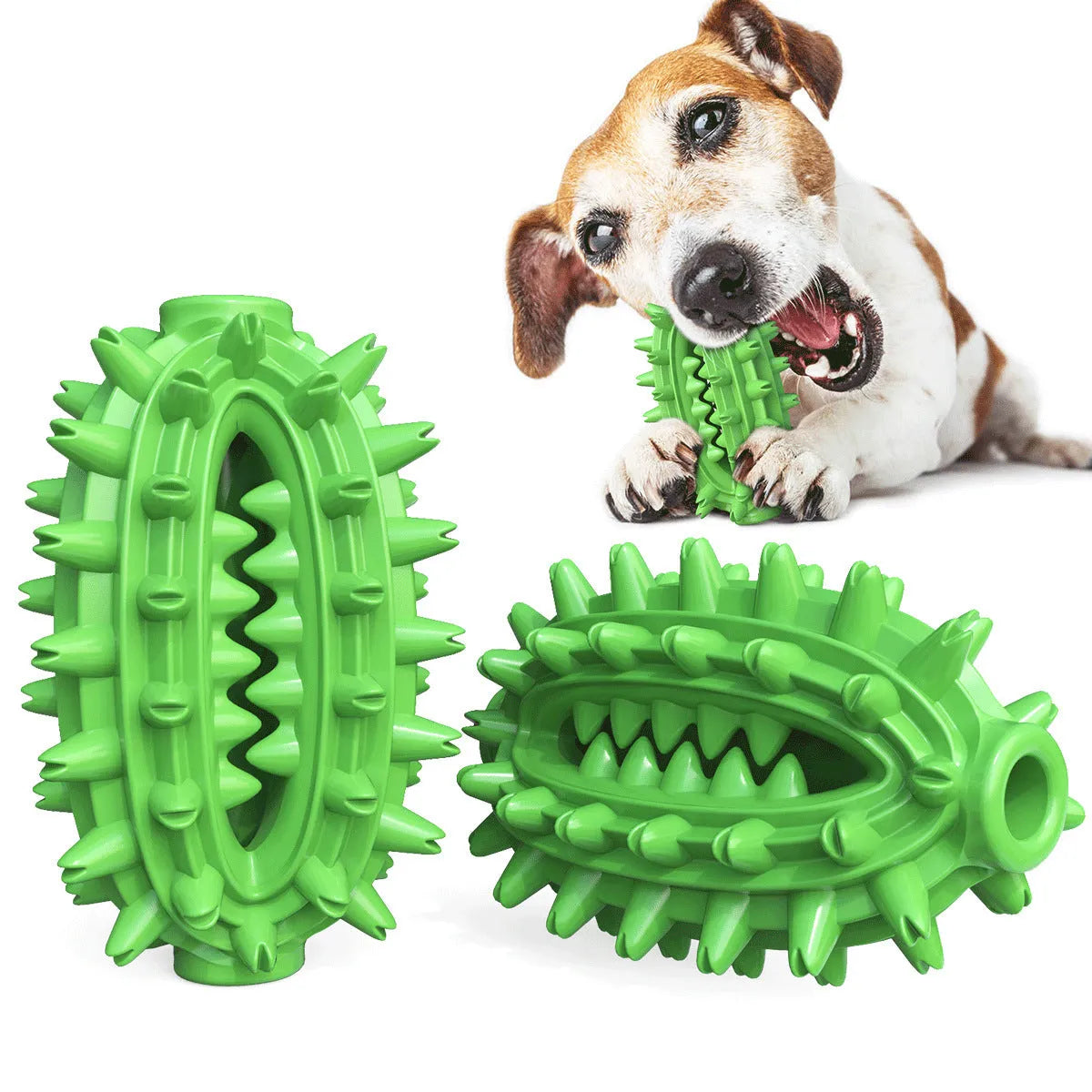Green cactus-shaped dog toothbrush toy for aggressive chewing and dental care.