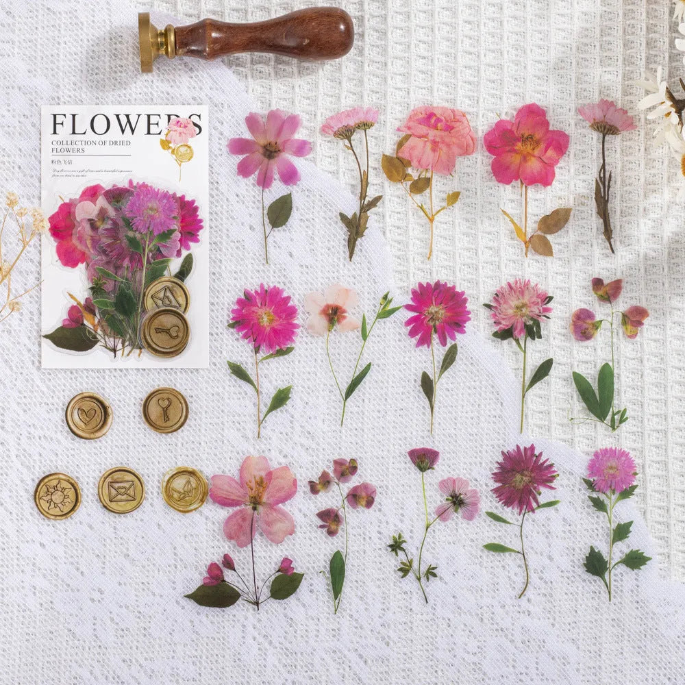 Square dried flower and fire paint design journal stickers in eight colour styles including purple, blue, orange, and pink.