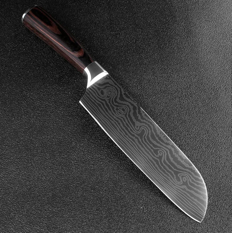 7Cr17 stainless steel kitchen knife with Damascus pattern blade and coloured wood handle on a cutting board.
