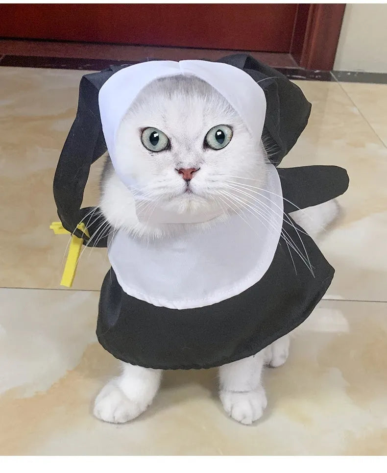 Black polyester nun costume for cats and dogs, free size, for Halloween holiday dress-up