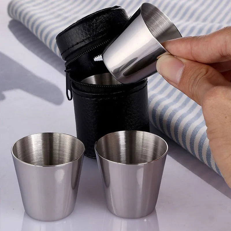 30 ml stainless steel wine glass set with silver finish and PU leather cup holder for outdoor carry