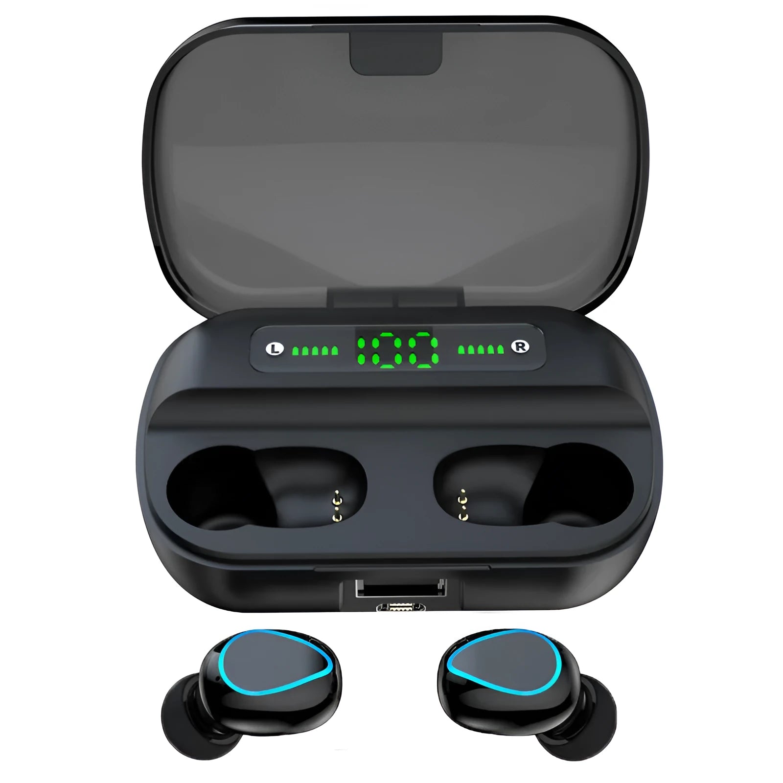 Black wireless Bluetooth in-ear headset with earplug design on a plain background