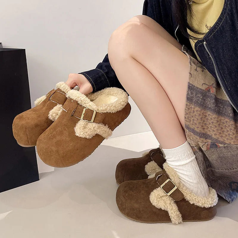 Baotou semi-drag fleece lazy cotton slippers in camel colour with closed toe and rubber sole on a light background