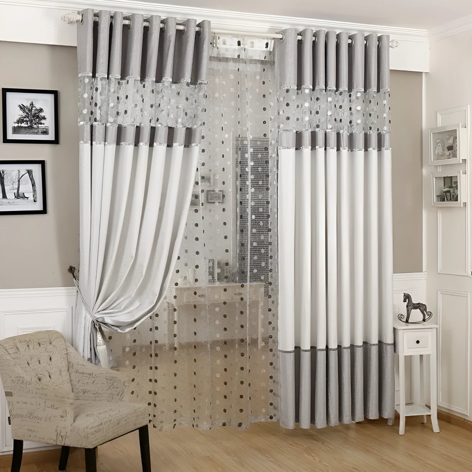 Blackout curtain panel showing light-blocking fabric, available in multiple widths with hook or rings for hanging.