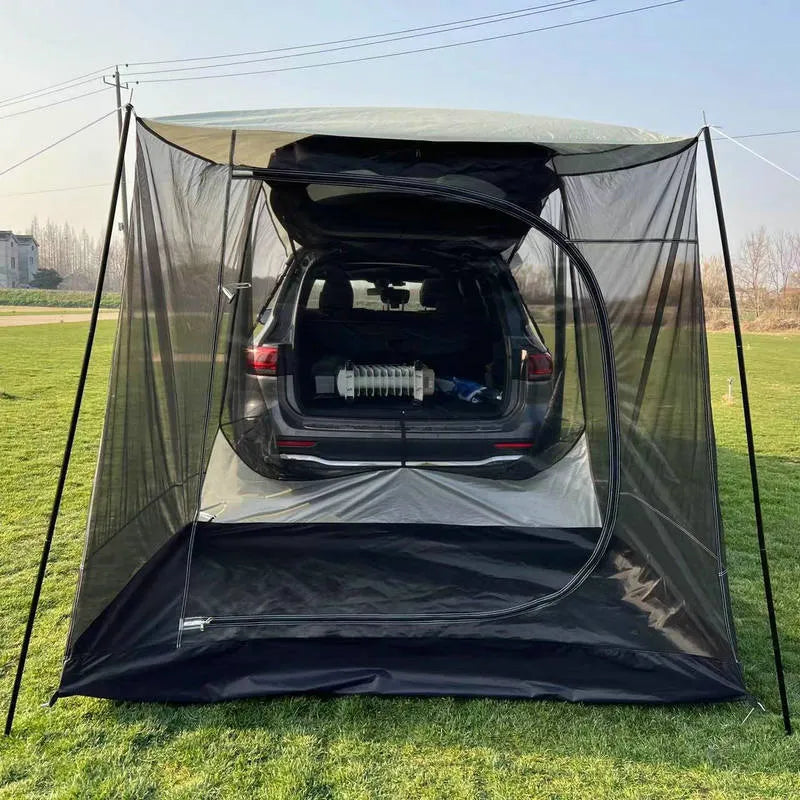 Outdoor camping tail extension tent attached to car boot with anti-UV fabric and mesh windows