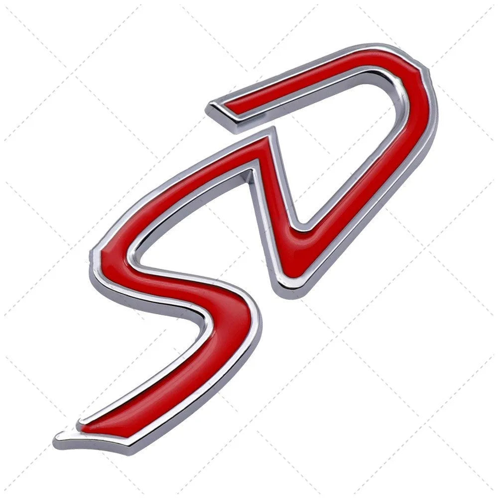 Red and silver metal car bumper sticker with SD design for vehicle personalisation.