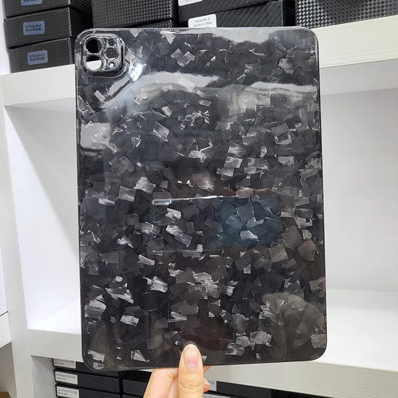 Carbon fibre hard protective case for iPad Pro 11 showing plaid weave pattern in a choice of three finishes.