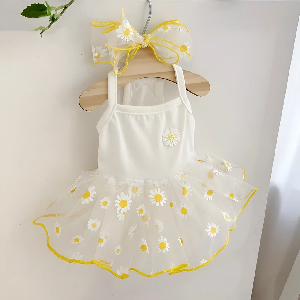 Yellow daisy print summer dog clothes for small to large breeds on pet mannequin