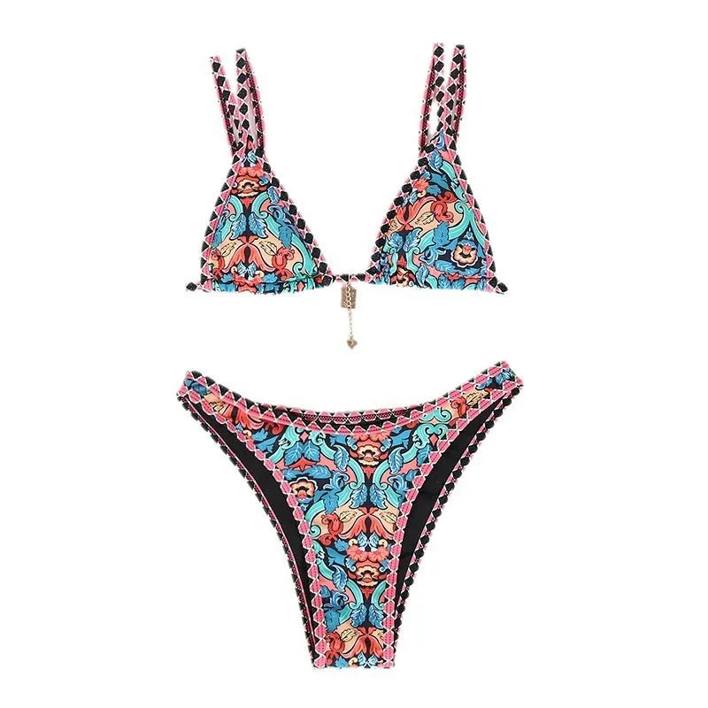 Women's retro printed bikini swimwear in orange pink black blue colours for swimming sports