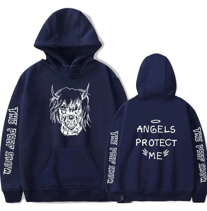 Angel And Devil cartoon print hoodie for men, hip hop style, black hooded sweatshirt with full sleeves