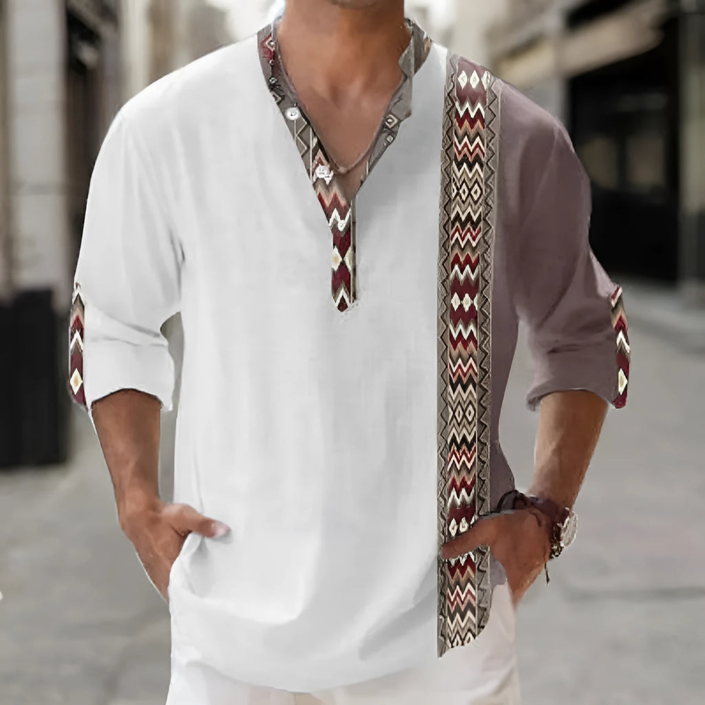 Long sleeve striped Hawaiian shirt in a digital bamboo linen pattern, shown in lilac colour.