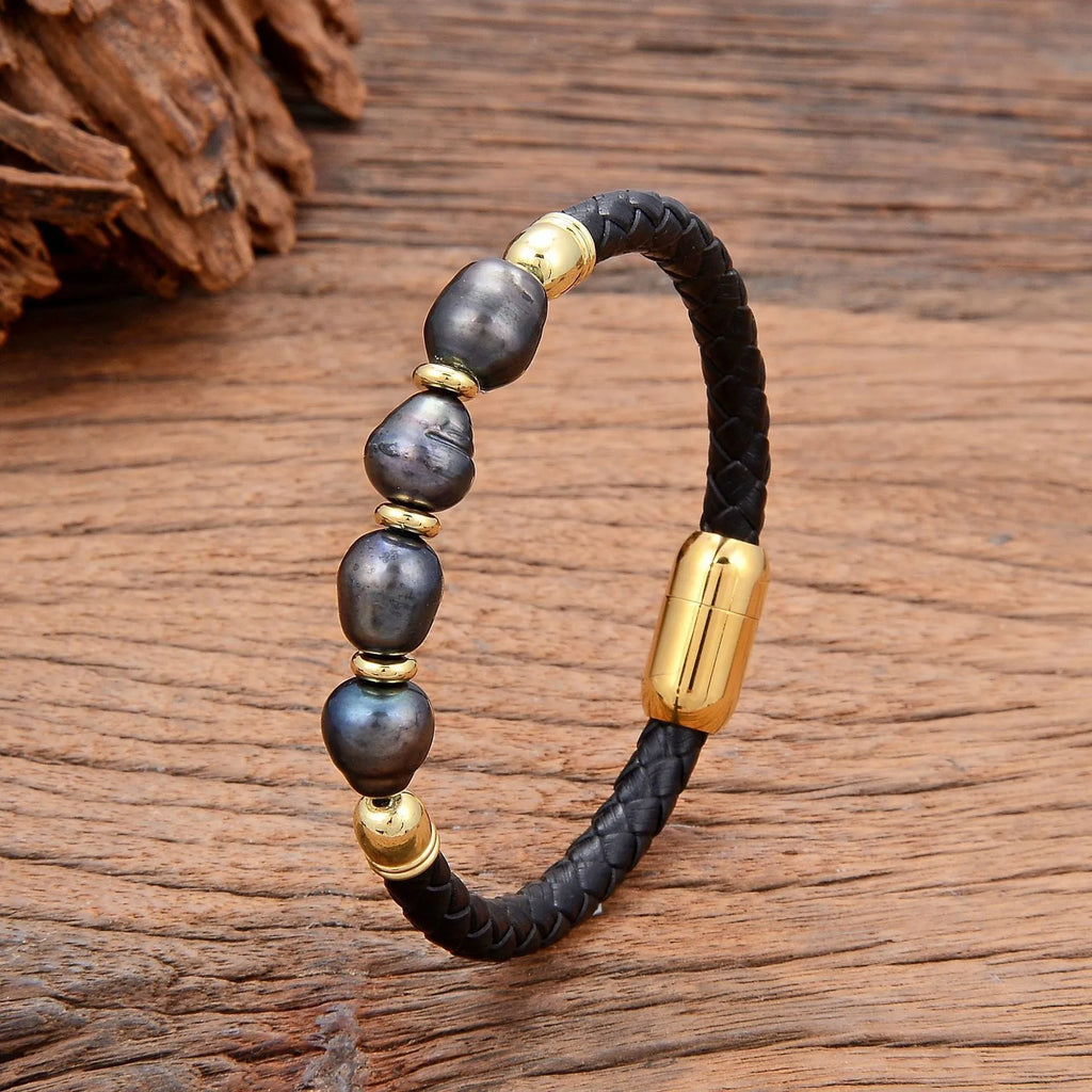 Korean style leather bracelet with irregular shaped pearls and adjustable fastening