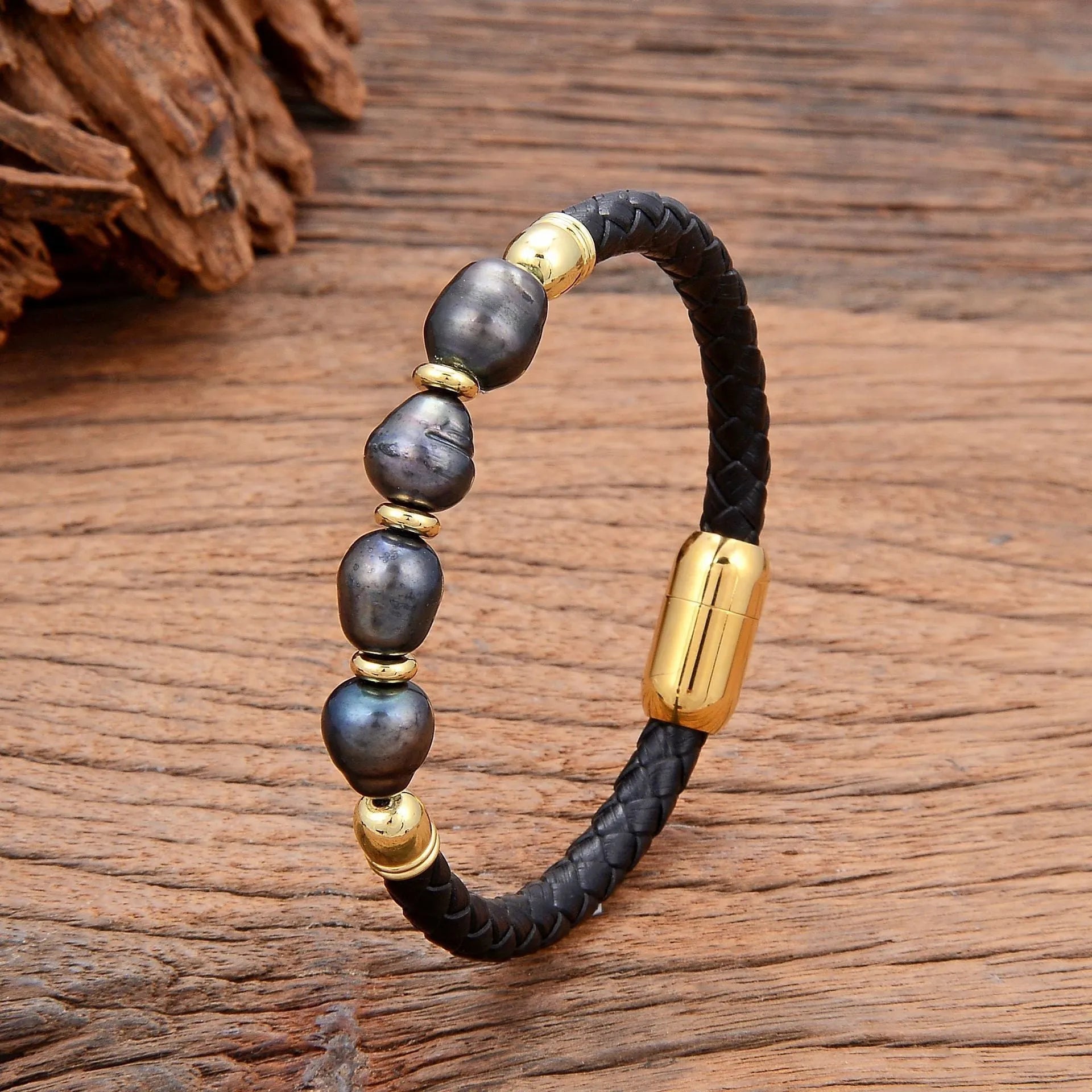 Korean style leather bracelet with irregular shaped pearls and adjustable fastening
