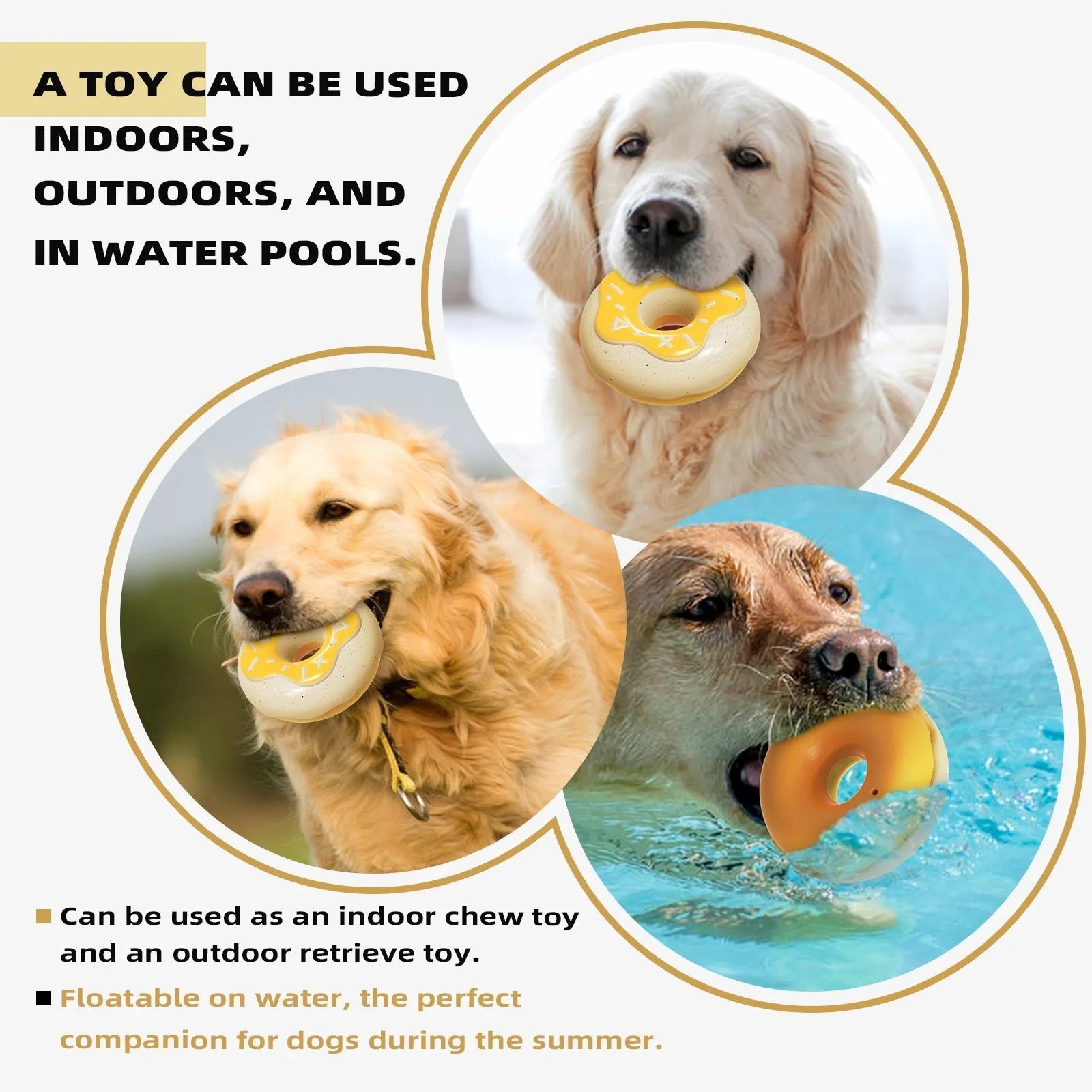 Pink, yellow, and chocolate coloured TPR donut dog toys with textured surfaces and a squeaker.