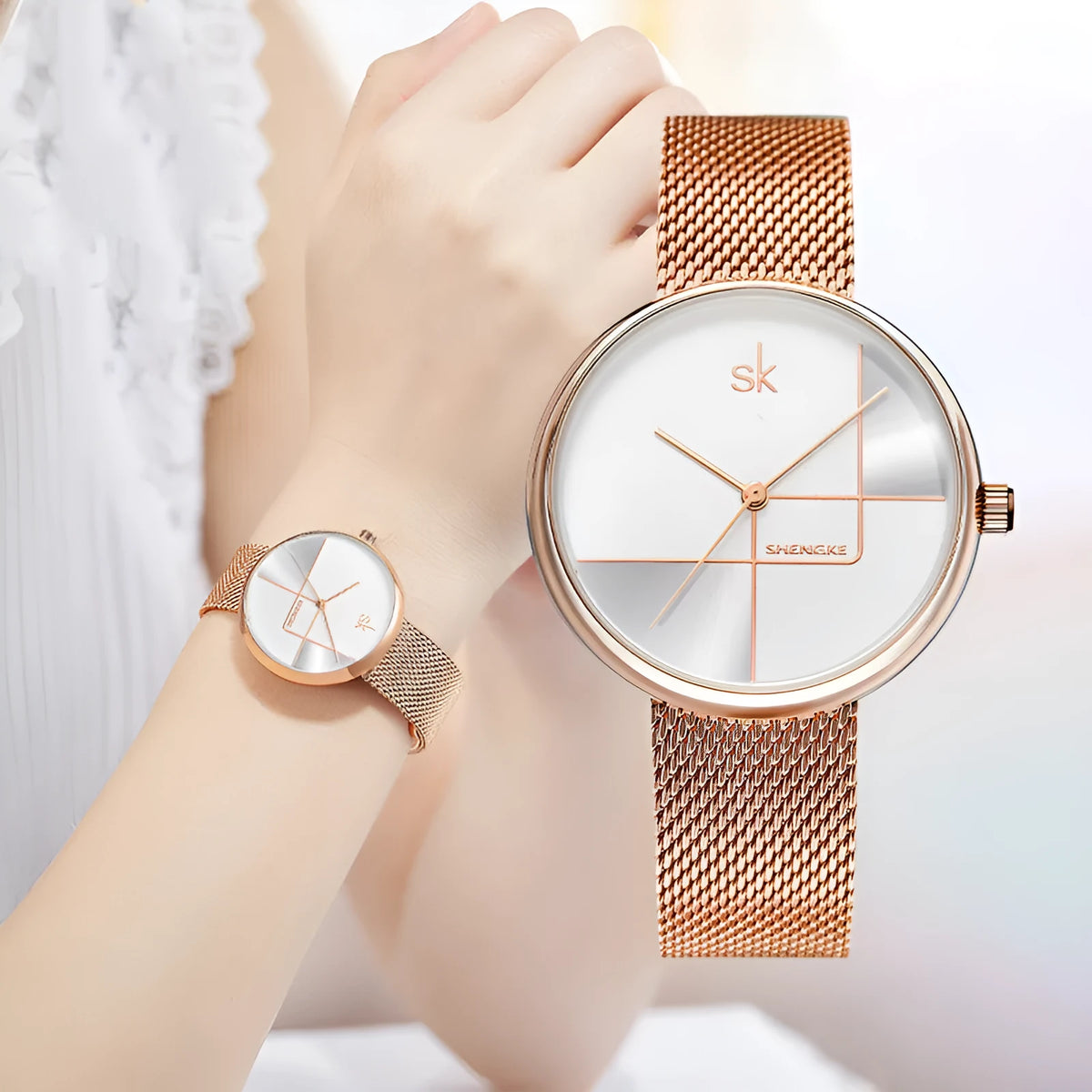 Women's simple geometric quartz watch with stainless steel mesh strap, 34mm dial, silver finish