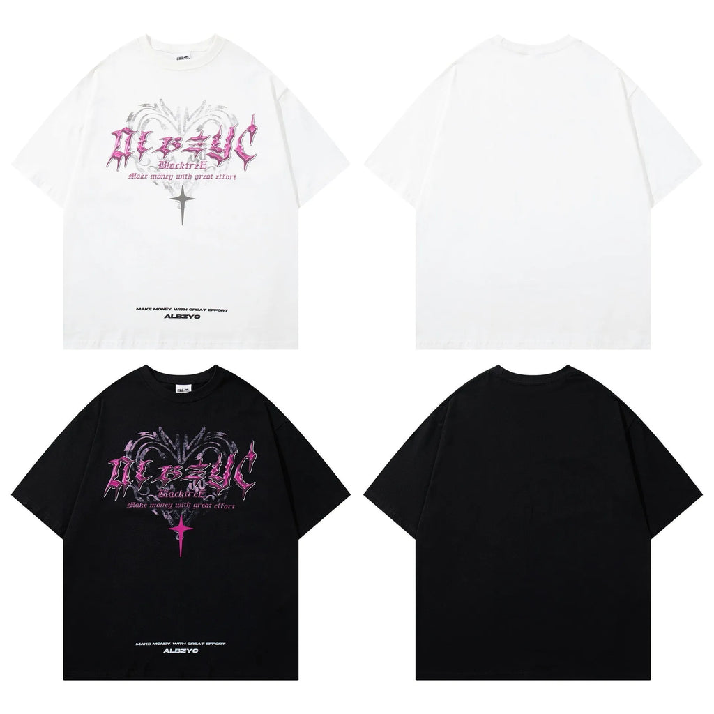 Men's cotton retro printed T-shirt with round neck and short sleeves in loose pullover style