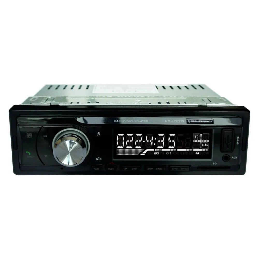 Car stereo with Bluetooth, USB port, SD card slot, auxiliary input, and display screen