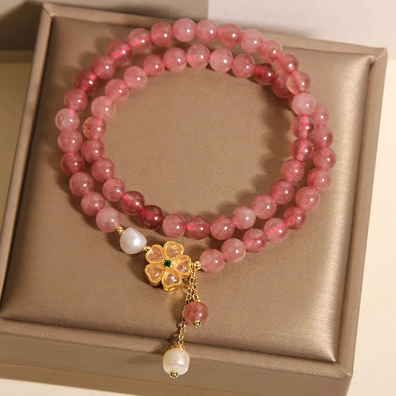 Strawberry quartz four-leaf clover double ring bracelet for women with alloy inlay
