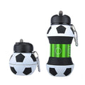 White collapsible silicone soccer water bottle with straw and carrying clip on white background
